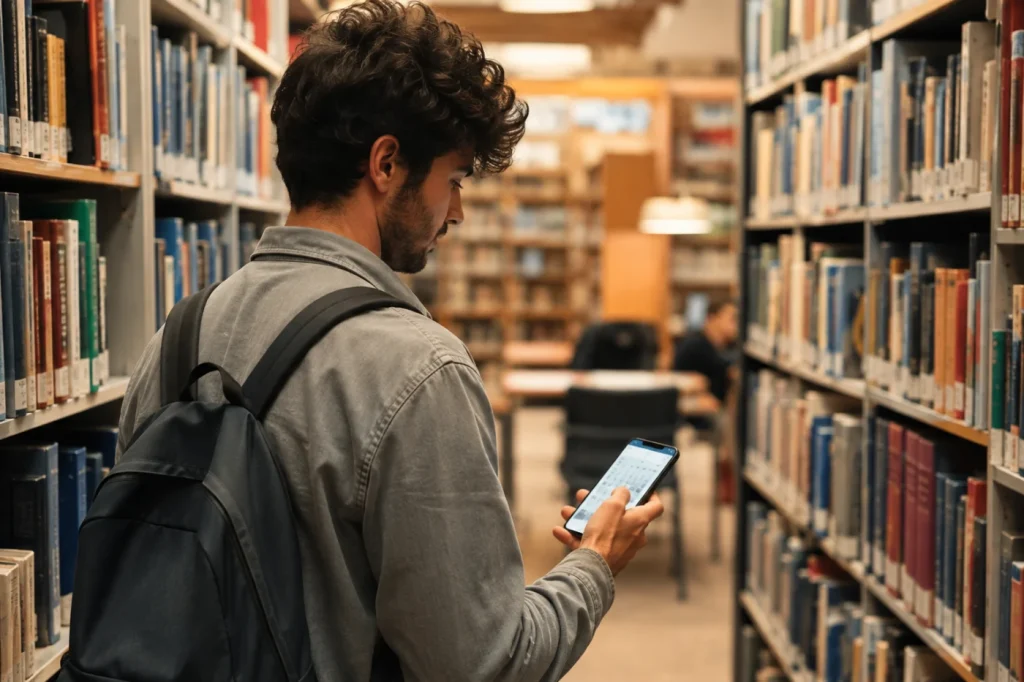סטודנט בוחר מועד בטלפון ביד אחת בין מדפי ספרייה